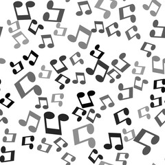 Black Music note, tone icon isolated seamless pattern on white background. Vector.