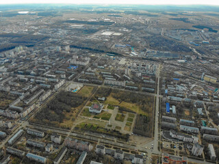 View from a great height to the city of Kirov in spring (Russia)