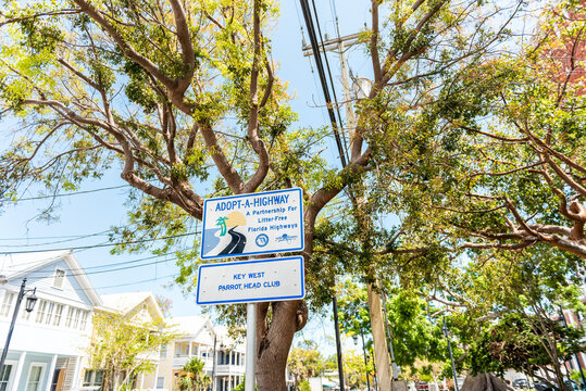 Key West, USA - May 1, 2018: Historic architecture of houses in Florida city island on travel, sunny day, street with adopt-a-highway adopt highway sign and key west parrot head club