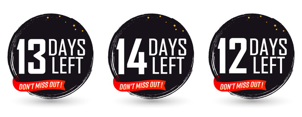 12, 13 and 14 Days Left for Sale, set countdown tags, start or to end offer, discount banners design template, app icons, don't miss out, vector illustration