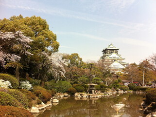 Fototapeta na wymiar View of Osaka Castle and Japanese garden with Cherry Blossom during Spring in Osaka, Japan. The castle is one of Japan's most famous landmarks.