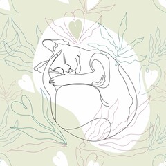 Vector seamless pattern cat sleeping in leaves curled up in a ball. Line drawing, outline in gentle colors. Design for printing on textiles, packaging, wallpaper, paper.