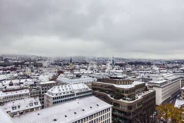 Winter landscape of Zurich with churches and lake, Switzerland