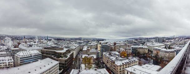 Winter panorama of Zurich with churches and lake, Switzerland