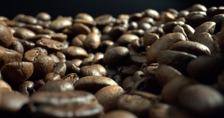 Dark Coffee Beans. Coffee beans background. Close-up dolly shot. Concept premium coffee bean for process best coffee. 
