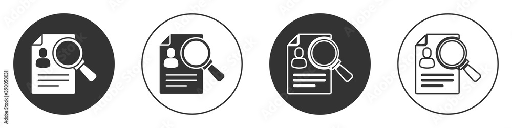 Sticker Black Document, paper analysis magnifying glass icon isolated on white background. Evidence symbol. Circle button. Vector.