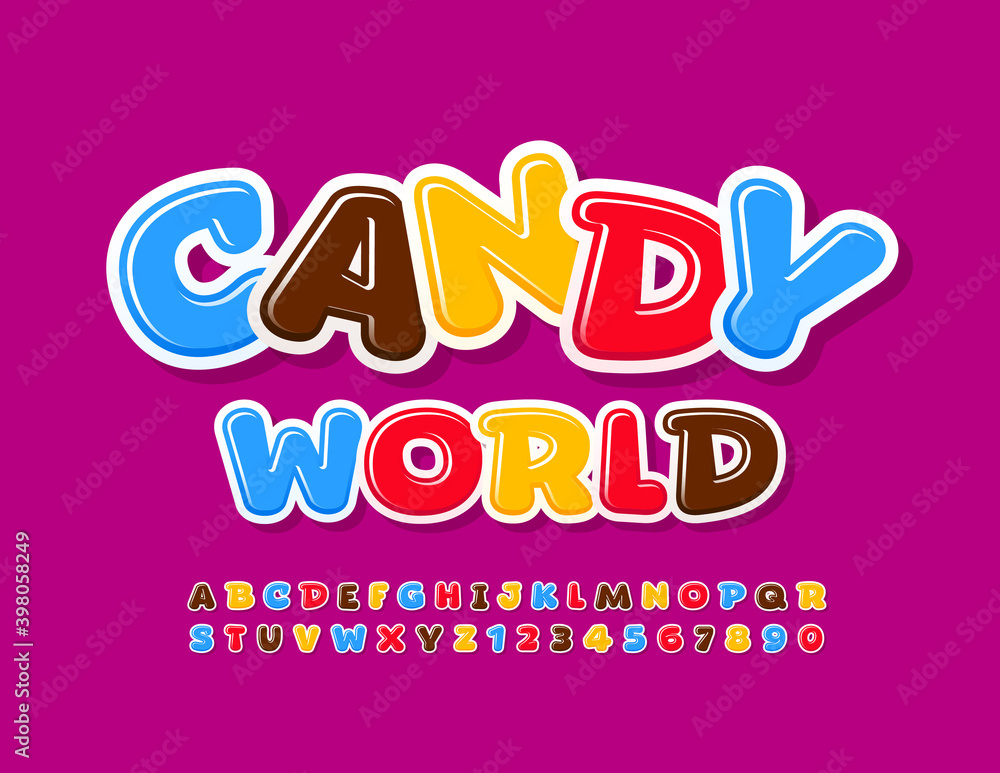 Poster vector delicious emblem candy world. creative colorful font. bright alphabet letters and numbers set