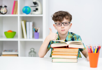 Clever yong boy wearing eyeglasses sits with books and shows thumbs up gesture. Empty space for text