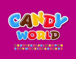 Vector delicious emblem Candy World. Creative colorful Font. Bright Alphabet Letters and Numbers set