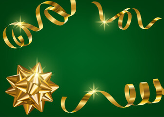 Christmas card with golden bow and serpentine streamers