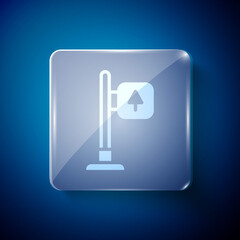 White Road traffic sign. Signpost icon isolated on blue background. Pointer symbol. Street information sign. Direction sign. Square glass panels. Vector.