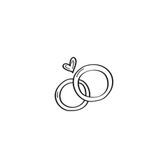 A hand-drawn pair of wedding rings. Wedding rings Doodle illustration. Vector design element for greeting cards, wedding invitations, and Valentines Day. Black outline isolated on a white background
