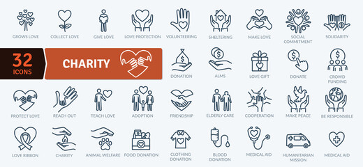 Charity Icons Pack. Thin line icons set. Flat icon collection set. Simple vector icons - obrazy, fototapety, plakaty
