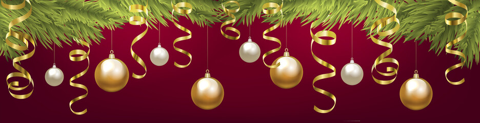 Christmas fir tree with baubles and golden serpentine. Horizontal web banner