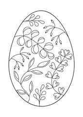 Coloring book for adults and children, Easter Egg decorated with twigs and leaves.
