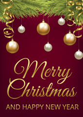 Christmas fir tree with baubles and golden serpentine. Christmas card