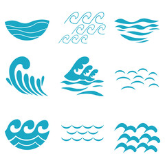 Waves, blue waves schematic set. Vector illustration.