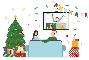 People wishing Merry Christmas and Happy New Year, celebrating holiday and giving gifts via video call or web conference in 2021. Flat vector illustration for web, banner, poster