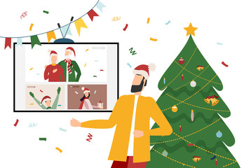 People wishing Merry Christmas and Happy New Year, celebrating holiday and giving gifts via video call or web conference in 2021. Flat vector illustration for web, banner, poster