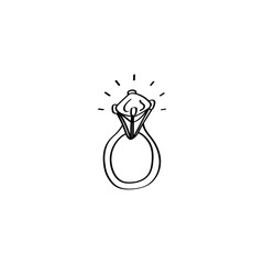 Hand-drawn diamond ring. Wedding ring Doodle illustration. Vector design element for greeting cards, wedding invitations, and Valentines Day. Black outline isolated on a white background