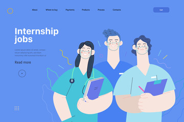Medical insurance -internship jobs -modern flat vector concept digital illustration - young medical specialists standing together, team of interns concept, medical office or laboratory