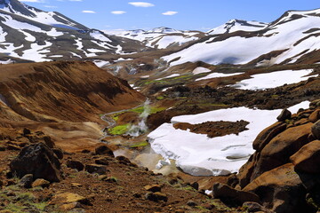 The landscape of the Kerlingarfjöll mountain range in Iceland, high up in the central highlands,...