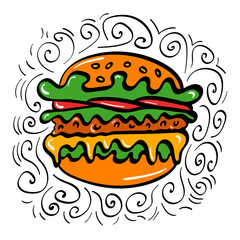 Hand drawn burger icon with decoration. Vector illustration.