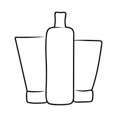 Logo cosmetic company. Silhouette of a tube and a bottle of cosmetics. Hand drawing beauty icon. Vector illustration bottle of cosmetic.