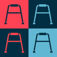 Pop art Walker for disabled person icon isolated on color background. Vector.