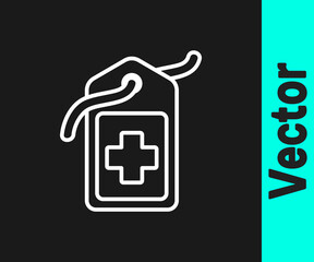 White line Cross hospital medical tag icon isolated on black background. First aid. Diagnostics symbol. Medicine and pharmacy sign. Vector Illustration.