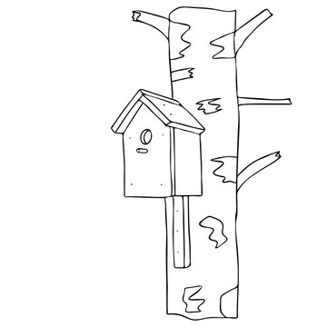 Black hand drawn outline vector illustration of A birdhouse or squirrel house for birds or squirrel from new boards is hanging on a birch tree in early spring in forest isolated on a white background