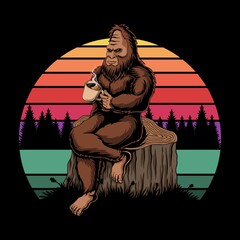 Bigfoot relaxing coffee sunset retro vector illustration