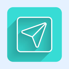 White line Infographic of city map navigation icon isolated with long shadow. Interface concept design. Geolocation concept. Green square button. Vector Illustration.