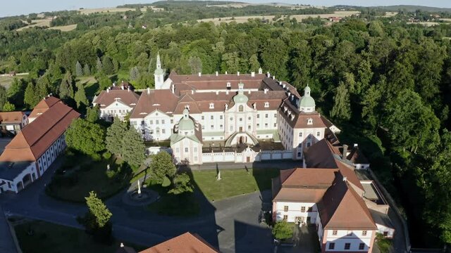 drone Aerial flight over the Kloster St. Marienthal overview in Saxony, Germany