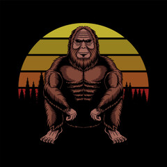 Bigfoot squat sunset retro vector illustration - obrazy, fototapety, plakaty