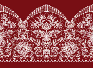 Horizontally seamless red background and white lace ribbon with floral pattern - 398061284