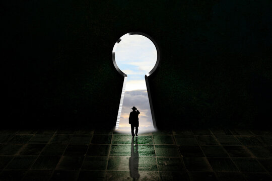 confident old person in keyhole. Once you become fearless, life becomes limitless concept 