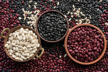 beans in brown ceramic bowl, copper bowl and wooden bowl. bowl of beans. black bean, red kidney bean and white bean. navy bean, cannellini bean, white kidney bean. scattered various beans