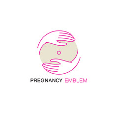 Two female hands hugging her stomach - pregnant emblem for maternity hospital. Vector illustration in flat style.