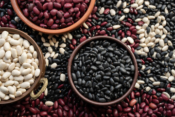 Fototapeta premium black beans in wooden bowl. copper bowl, brown ceramic bowl of beans. black bean, red kidney bean. navy bean, cannellini bean, white kidney bean. scattered various beans.