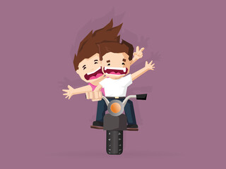 Cheerful couple traveler put hands up and smile when ride motorcycle on road