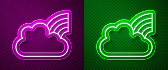 Glowing neon line Rainbow with clouds icon isolated on purple and green background. Vector.