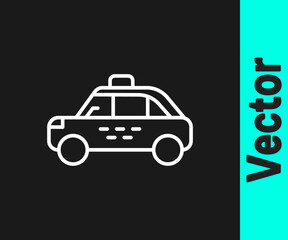 White line Taxi car icon isolated on black background. Vector.