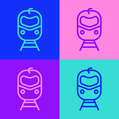 Pop art line Train and railway icon isolated on color background. Public transportation symbol. Subway train transport. Metro underground. Vector.