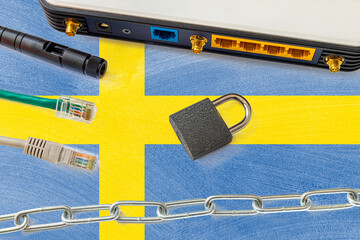 Sweden Internet censorship and security concept. Flag in the background of the internet connection switch, wires and a lock with chain.