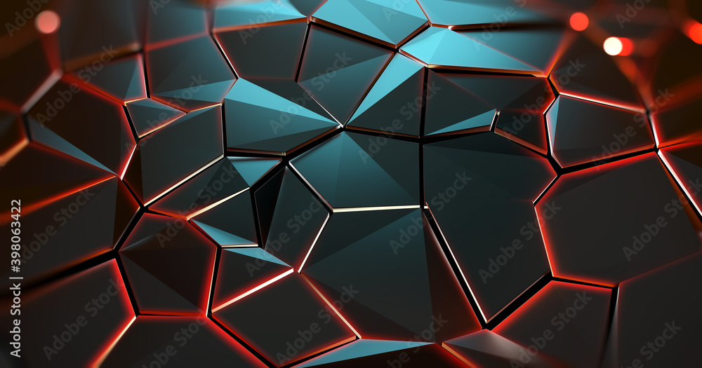 Poster Breaks and cracks on the surface. Connection structure. Scientific, futuristic, triangular, polygonal background. Wallpaper 3D illustration. Business Technology