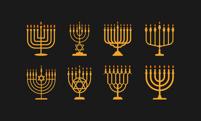 Menorah icon design in gold colors isolated on black background. Vector