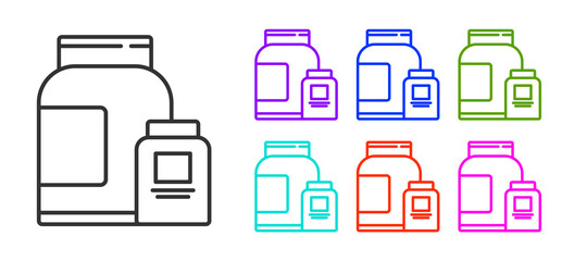 Black line Sports nutrition bodybuilding proteine power drink and food icon isolated on white background. Set icons colorful. Vector.