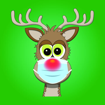 Cute Holiday Cartoon Rudolph Reindeer With His Red Nose Glowing Beneath A Surgical Face Mask In The Coronavirus Pandemic