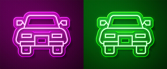 Glowing neon line Car icon isolated on purple and green background. Vector.